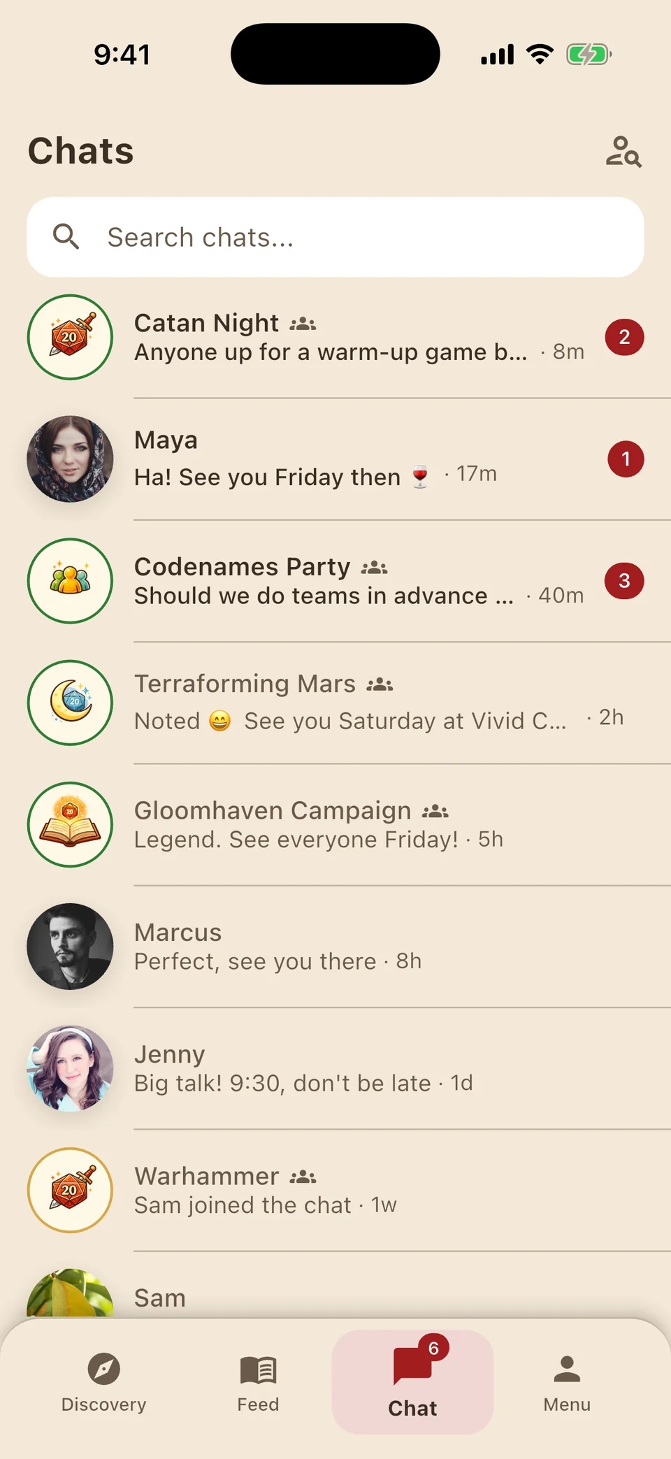 DiceGather Chats screen listing group chats like Catan Night and Gloomhaven Campaign alongside direct messages, with unread badges.