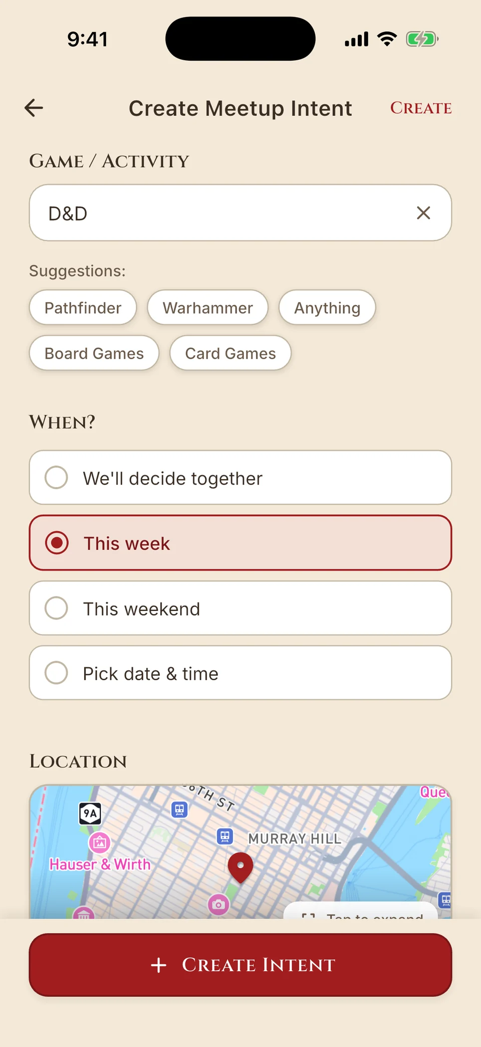 DiceGather Create Meetup Intent screen: game set to D&D, “This week” selected, and a map location picker.