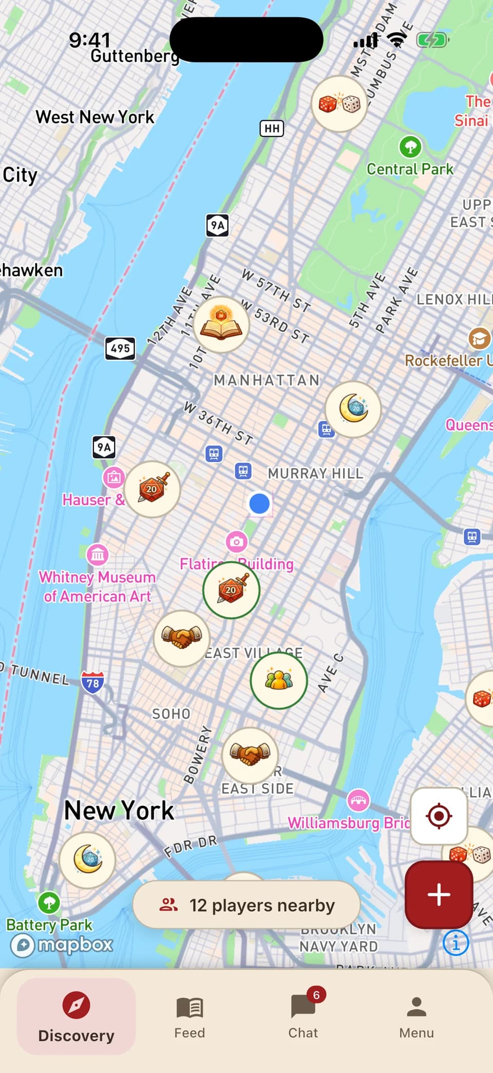 DiceGather Discovery map of Manhattan with meetup-intent markers for D&D, board games and RPG campaigns, and a “12 players nearby” pill.