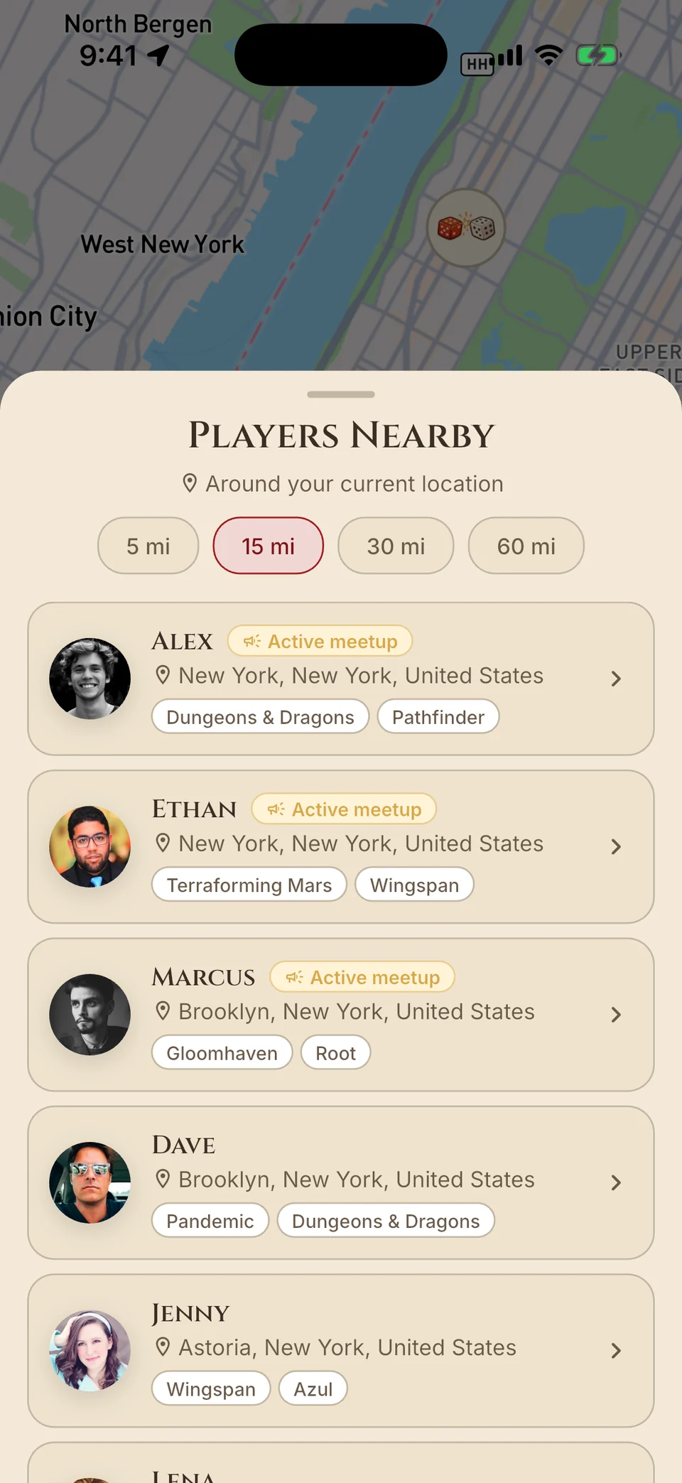 DiceGather Players Nearby sheet with a 15-mile radius selected and player cards showing interests and an “Active meetup” badge.