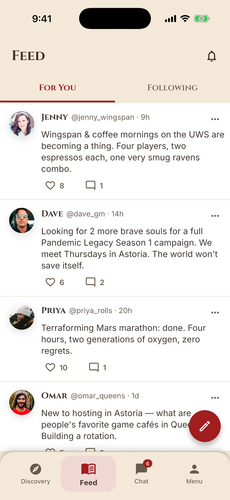 DiceGather Feed screen with For You and Following tabs and posts from local players about Wingspan mornings and a Pandemic Legacy campaign.
